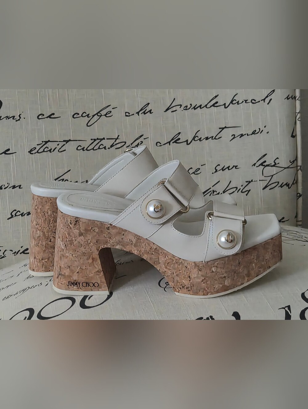 Jimmy Choo Cream Leather Cork Wedge Sandals with Pearl Accents